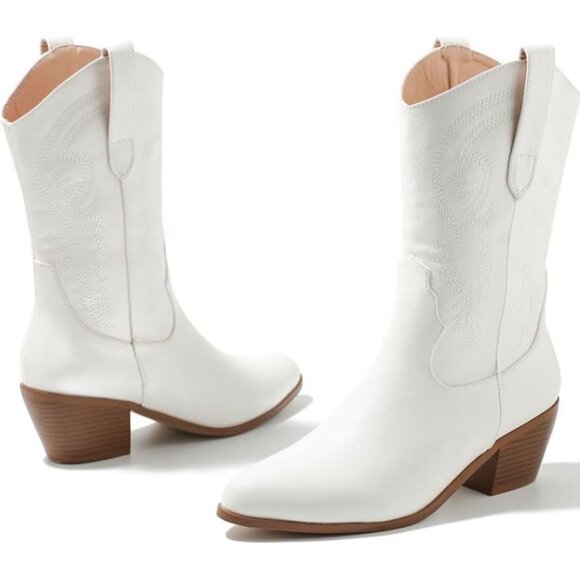 Lipijixi Women White Cowboy Stacked Heel Embroider Wide Calf Cowgirl Boots - Picture 4 of 6